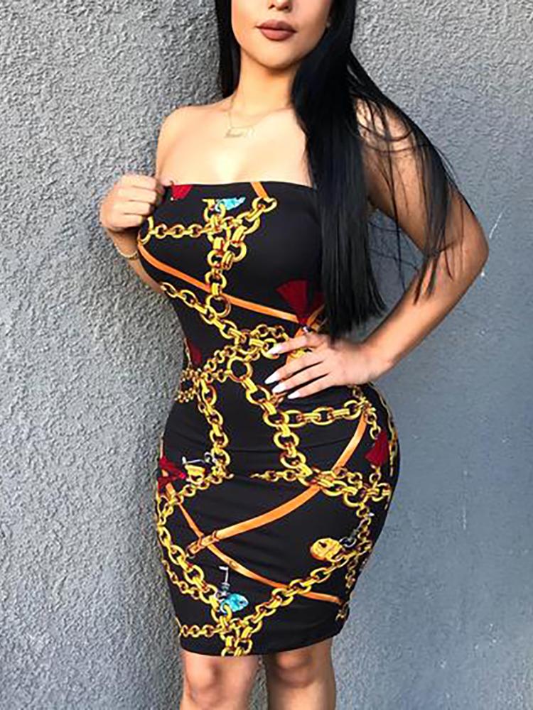 

Strapless Chains Print Bodycon Tube Dress, Black