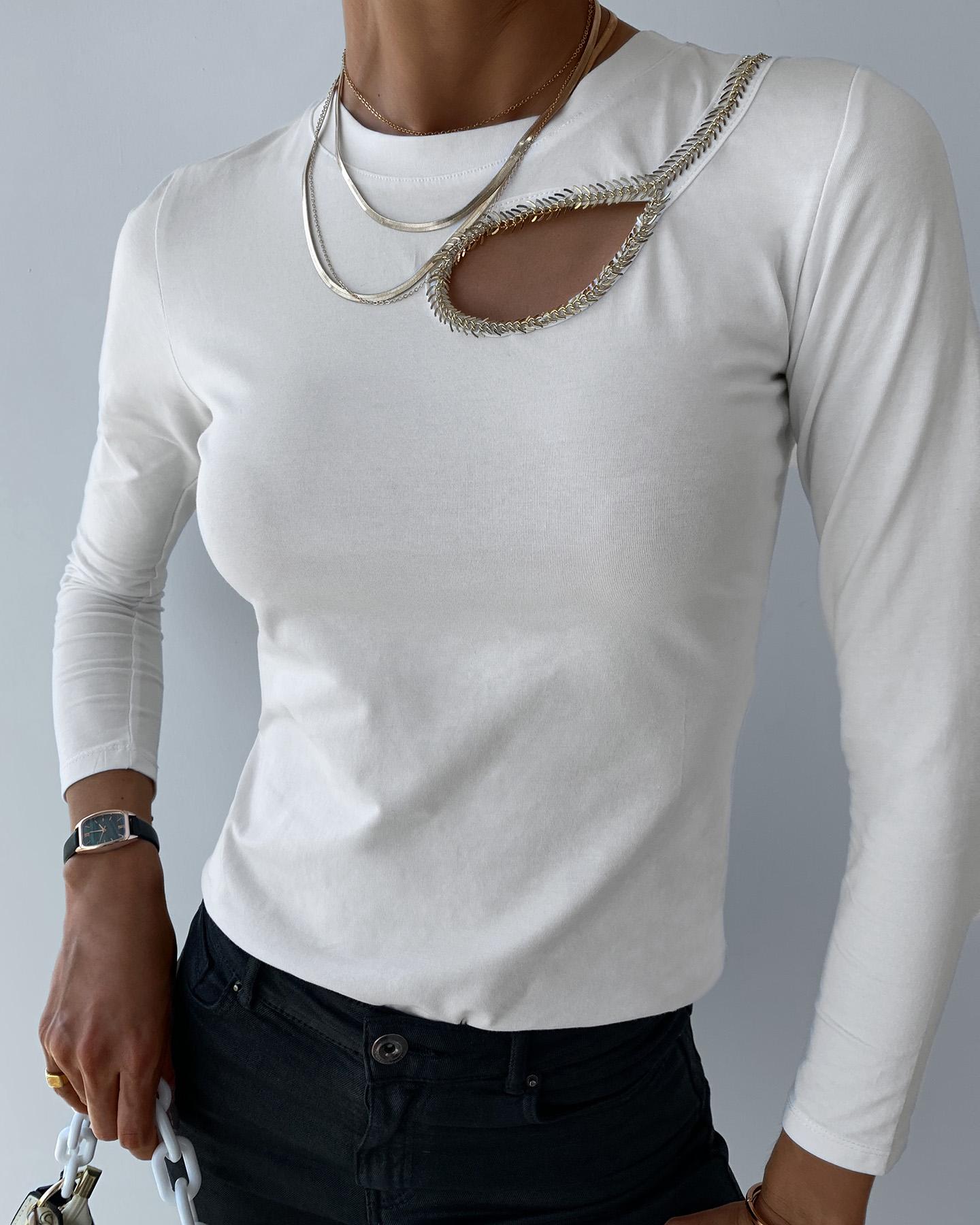 

Chain Decor Long Sleeve Cutout Top, White