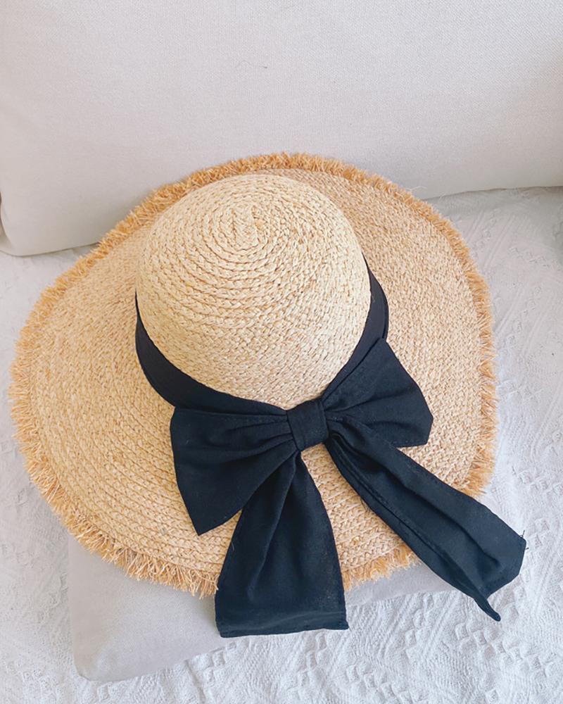 

Bowknot Decor Tassel Wide Brim Straw Hat, Black