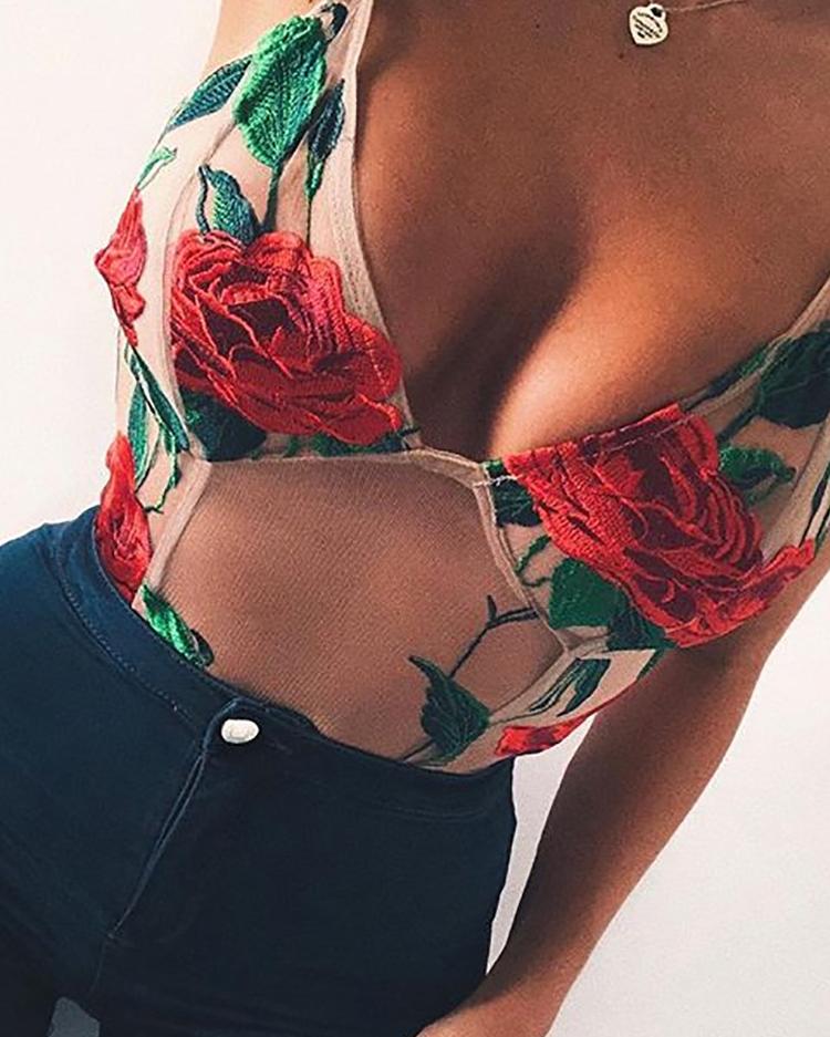 

Rose Embroidery Sheer Mesh Teddy Bodysuit, Nude
