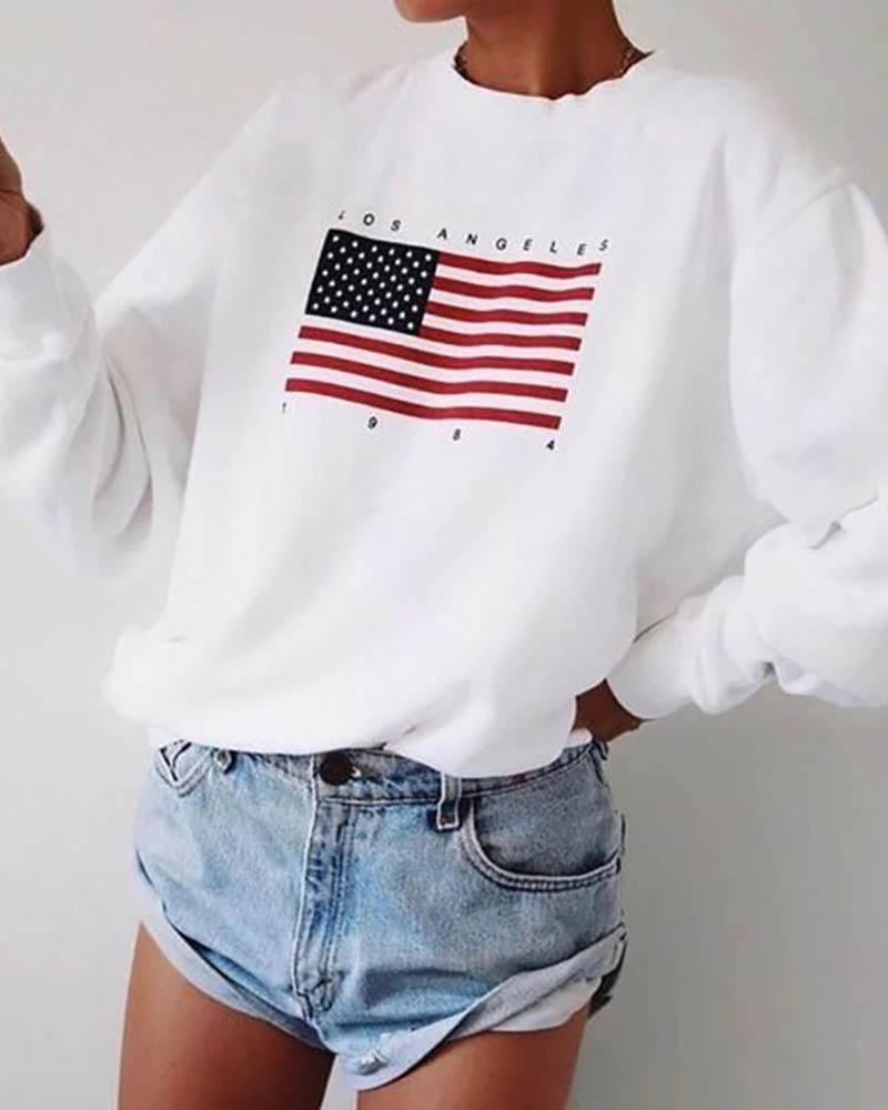

American Flag Print Round Neck Casual Sweatshirt, White
