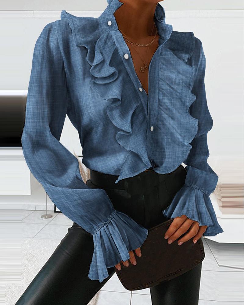 

Solid Color Ruffle Long Sleeve Shirt, Blue