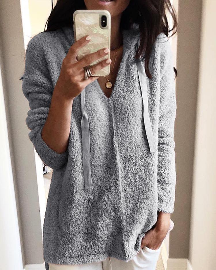 

Solid Fluffy Hooded Long Sleeve Sweatshirt, Gray