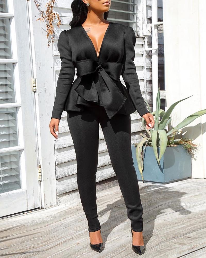 

V-Neck Knotted Top & Skinny Pencil Pant Sets, Black