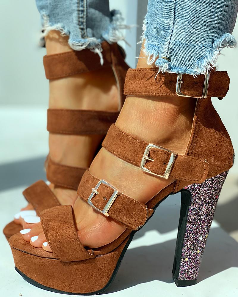 

Eyelet Buckled Open Toe Chunky Heeled Sandals, Brown