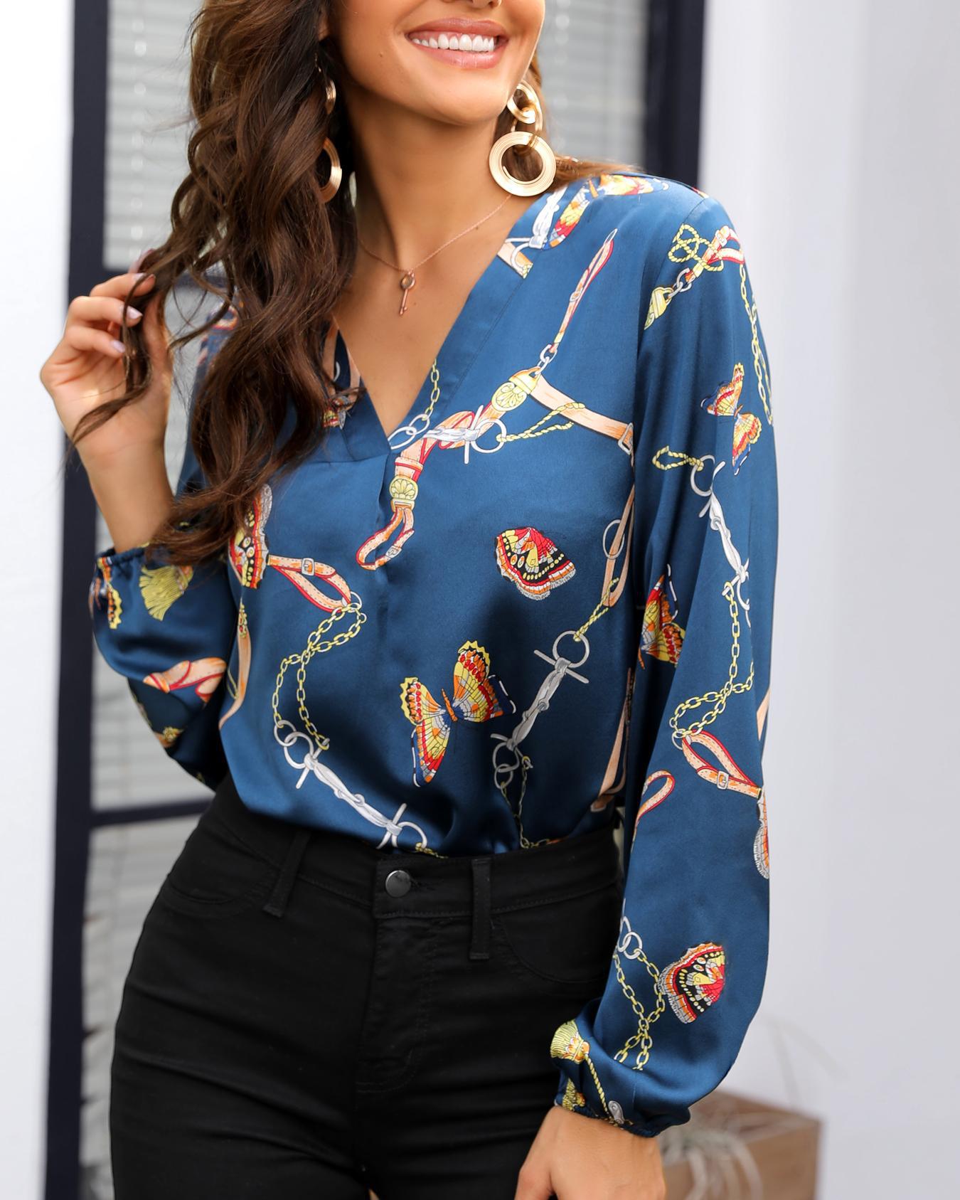 

Chain Print V-Neck Casual Blouse, Multicolor