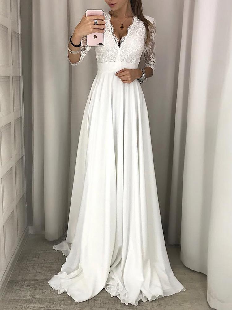 

Eyelash Lace Splicing Maxi Evening Dress, White