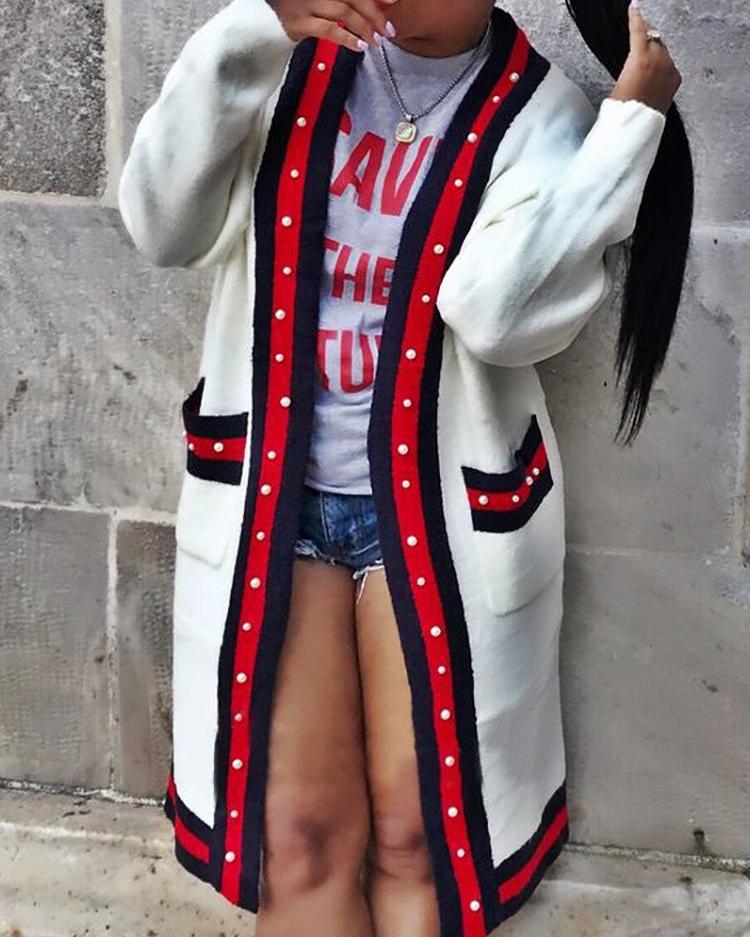 

Stripes Strap Beading Embellished Pocket Cardigan, White