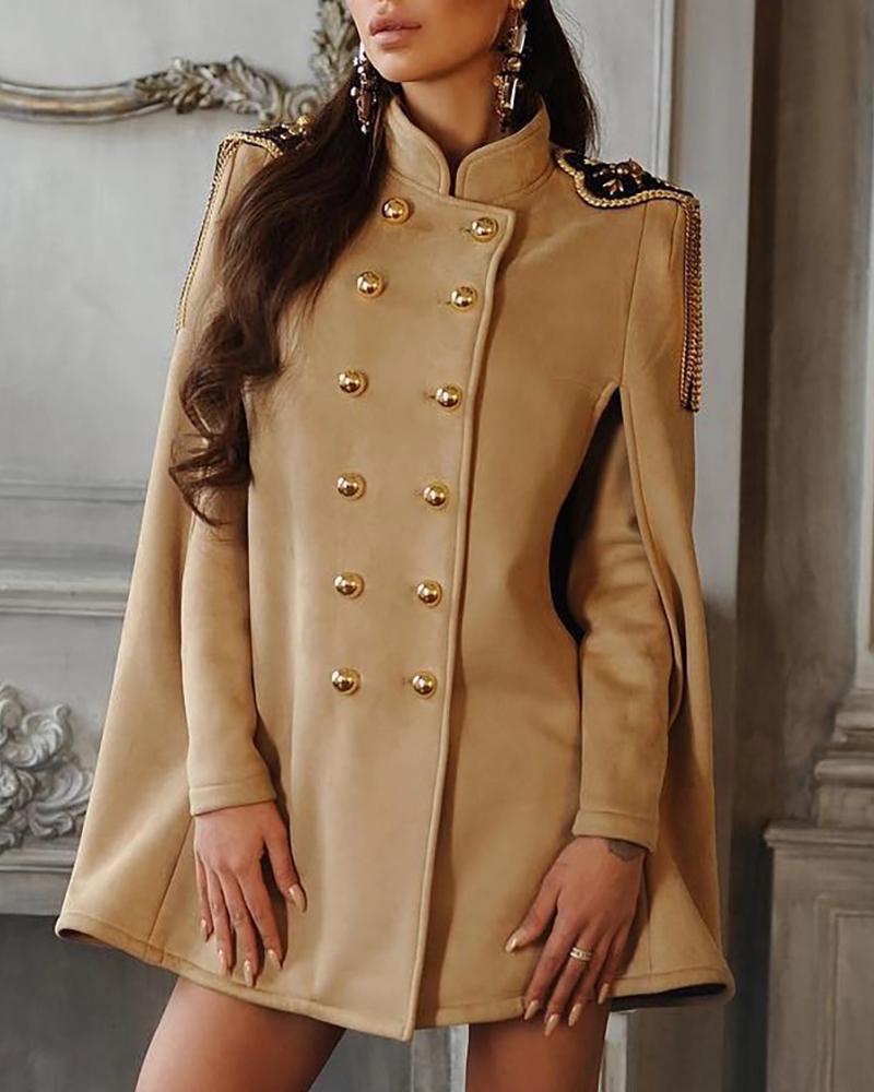 

Solid Button Detail Cape Coat, Khaki