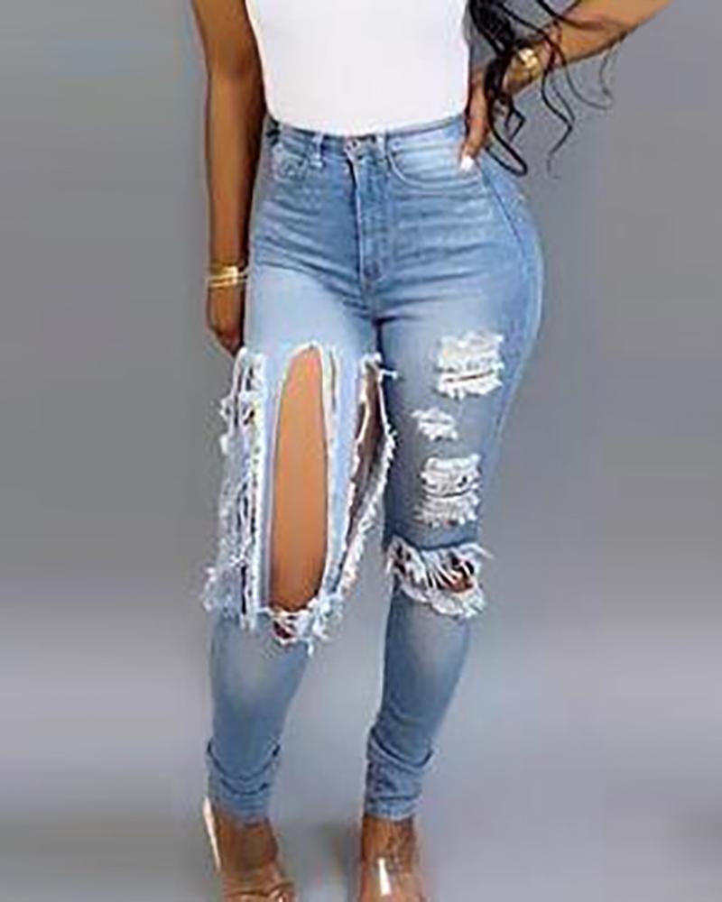 

Denim Solid Distressed High Waist Jeans, Blue