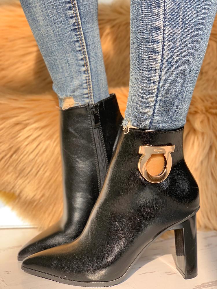 

Pointed Toe Metal Detail Chunky Heeled Boots, Black