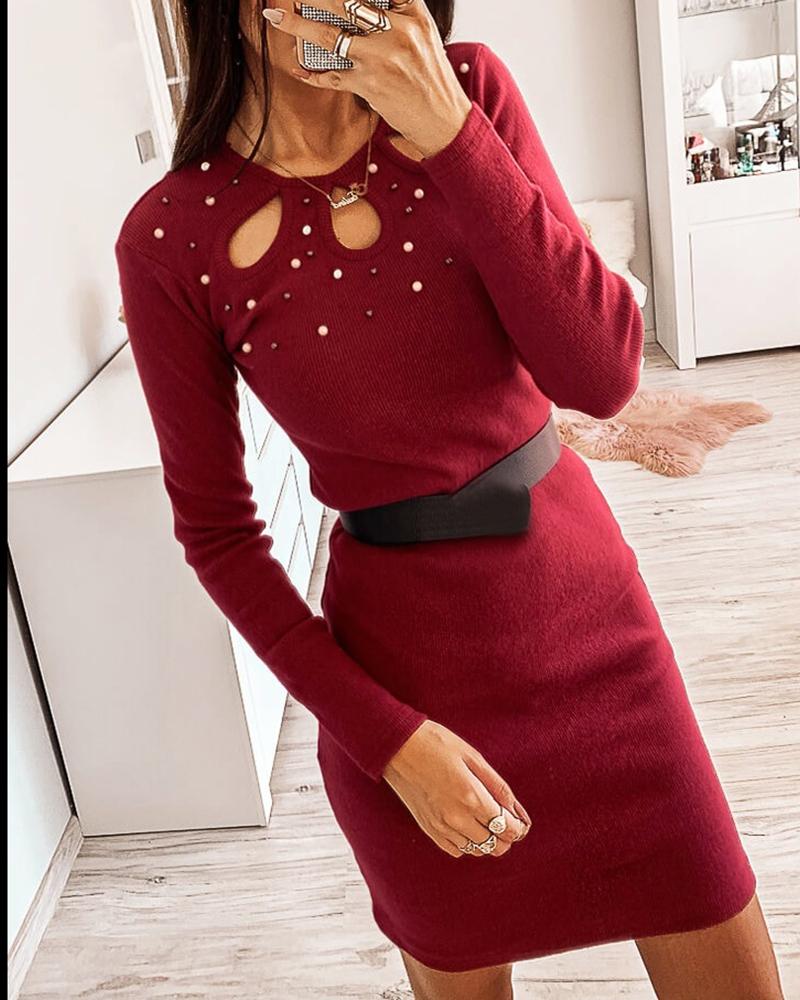 

Solid Beaded Hollow Out Design Bodycon Dress, Dark red