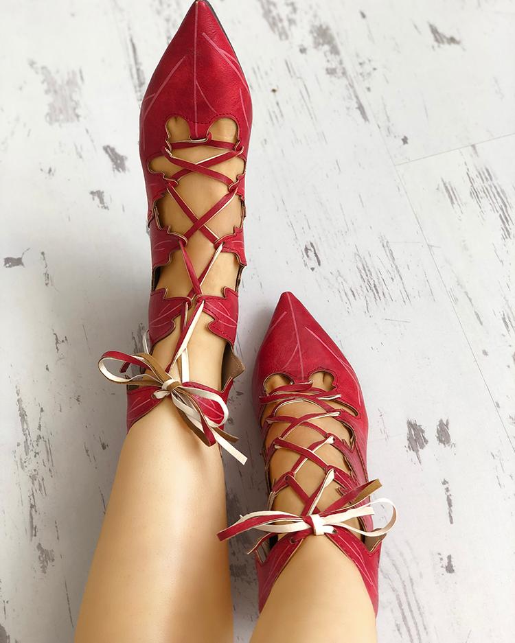 

Leaf Shape Pointed Toe Lace-Up Flat Shoes