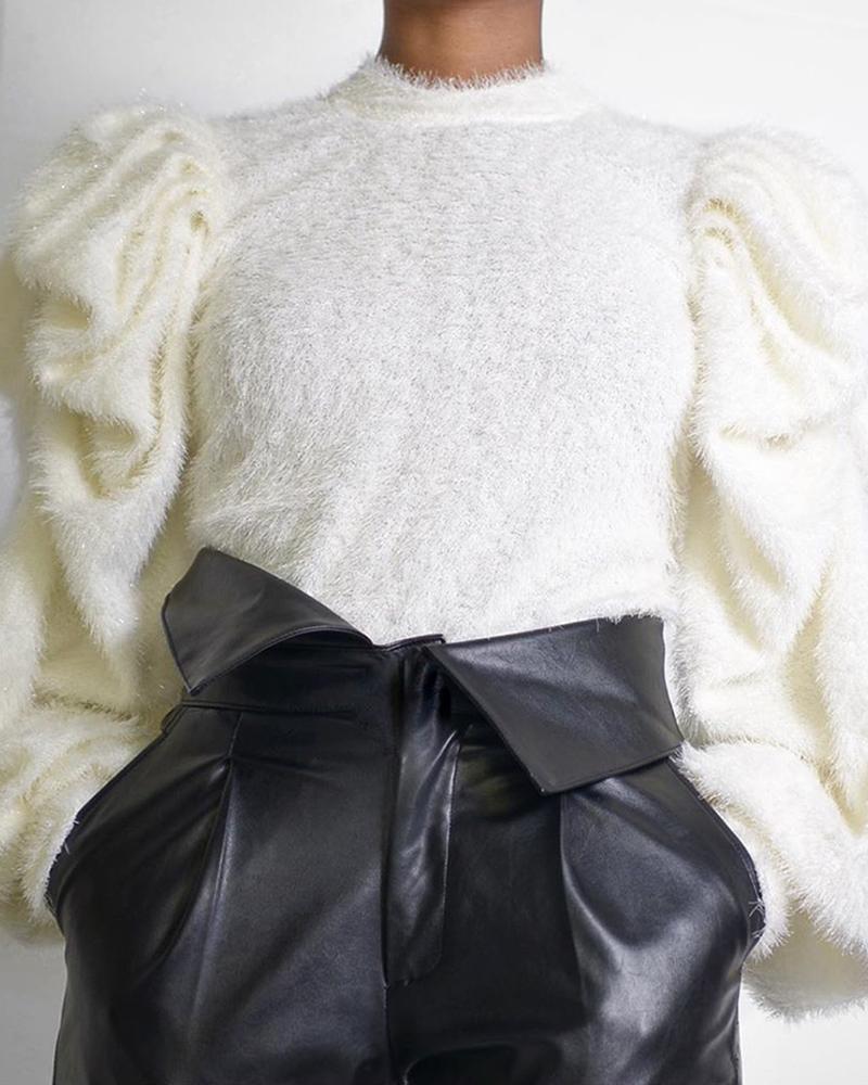 

Puffed Sleeve Fluffy Glitter Blouse, White