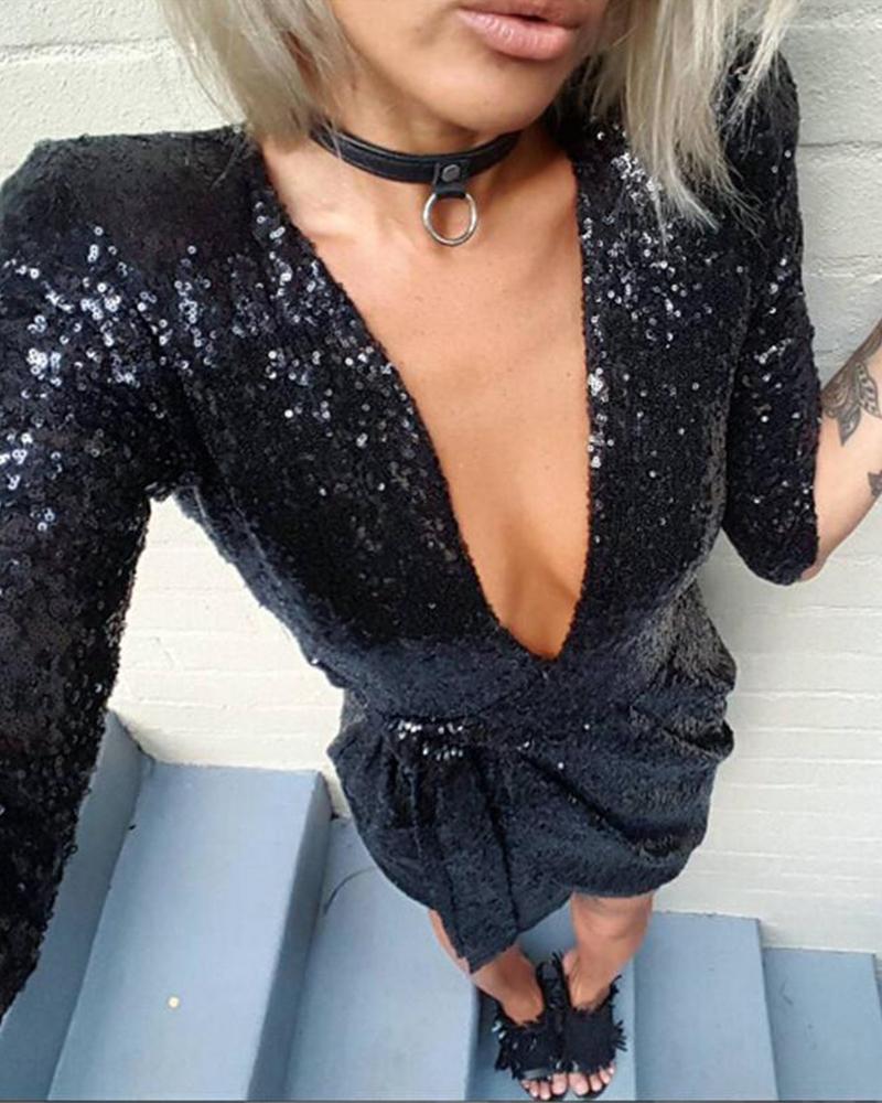 

Deep V Sequined Tie Waist Dress, Black