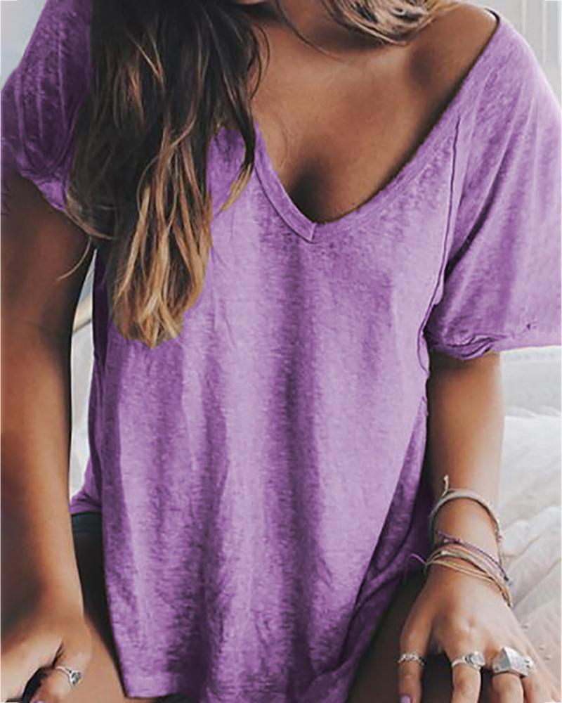 

Solid V-neck Short Sleeve Casual T-shirt, Purple