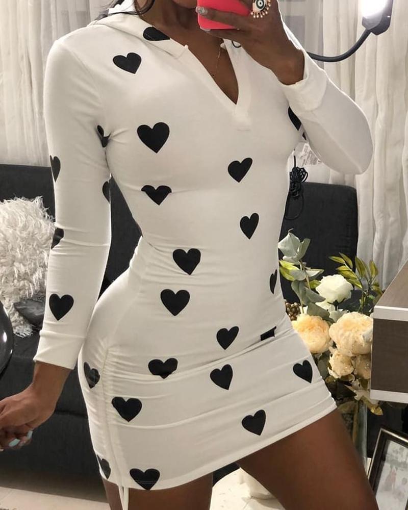 

Heart Print Drawstring Hooded Bodycon Dress, White