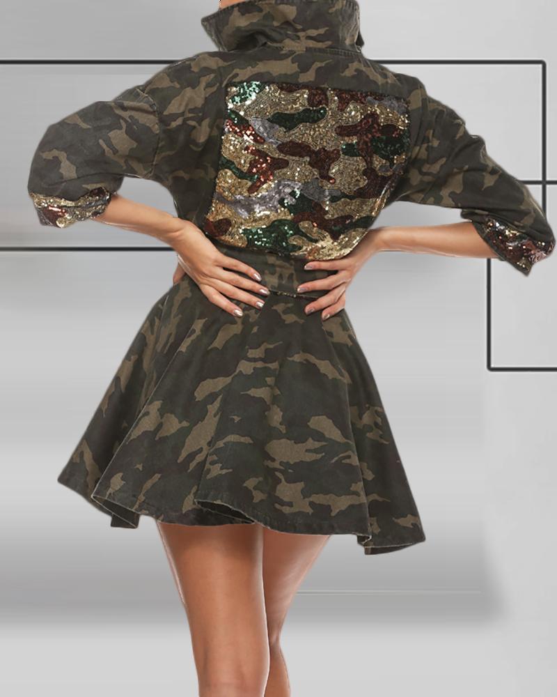 

Camouflage Sequins Patch Skater Dress, Camoflage