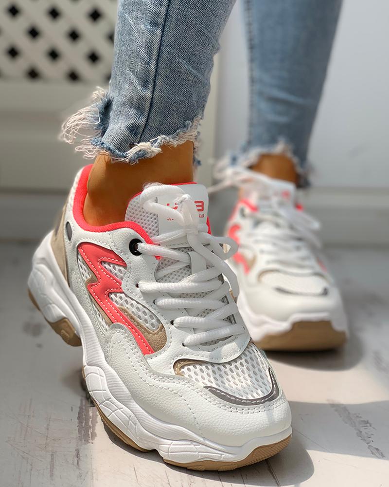 

Colorblock Eyelet Lace-Up Platform Sneakers, Hot pink