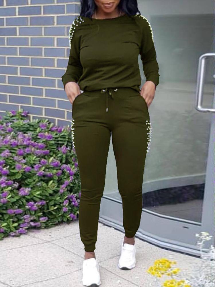 

Beading Embellished Drawstring Pocket Tracksuits