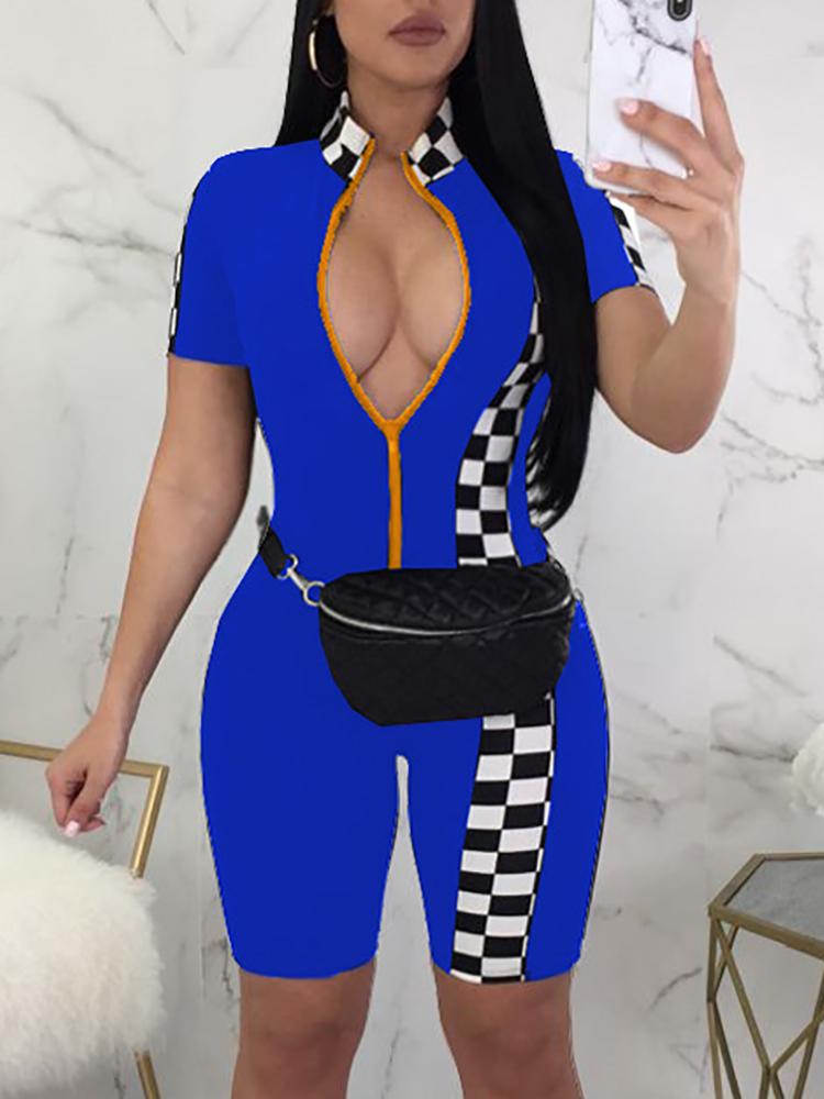 

Slinky Checkered Printed Zipper Romper, Blue