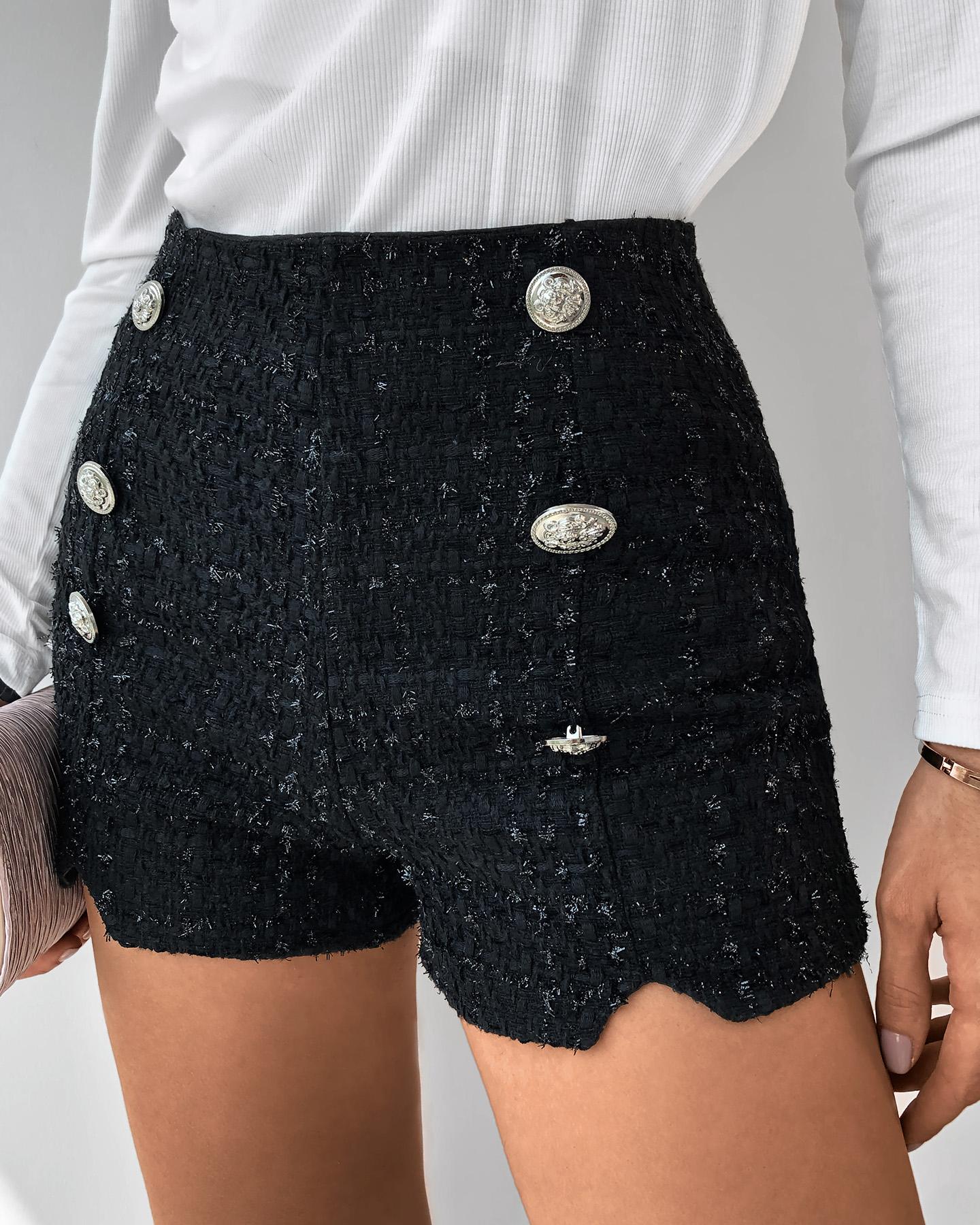 

Tweed High Waist Double Breasted Shorts, Black