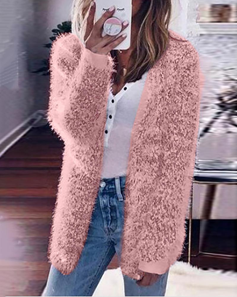 

Solid Fluffy Long Sleeve Casual Cardigan, Pink
