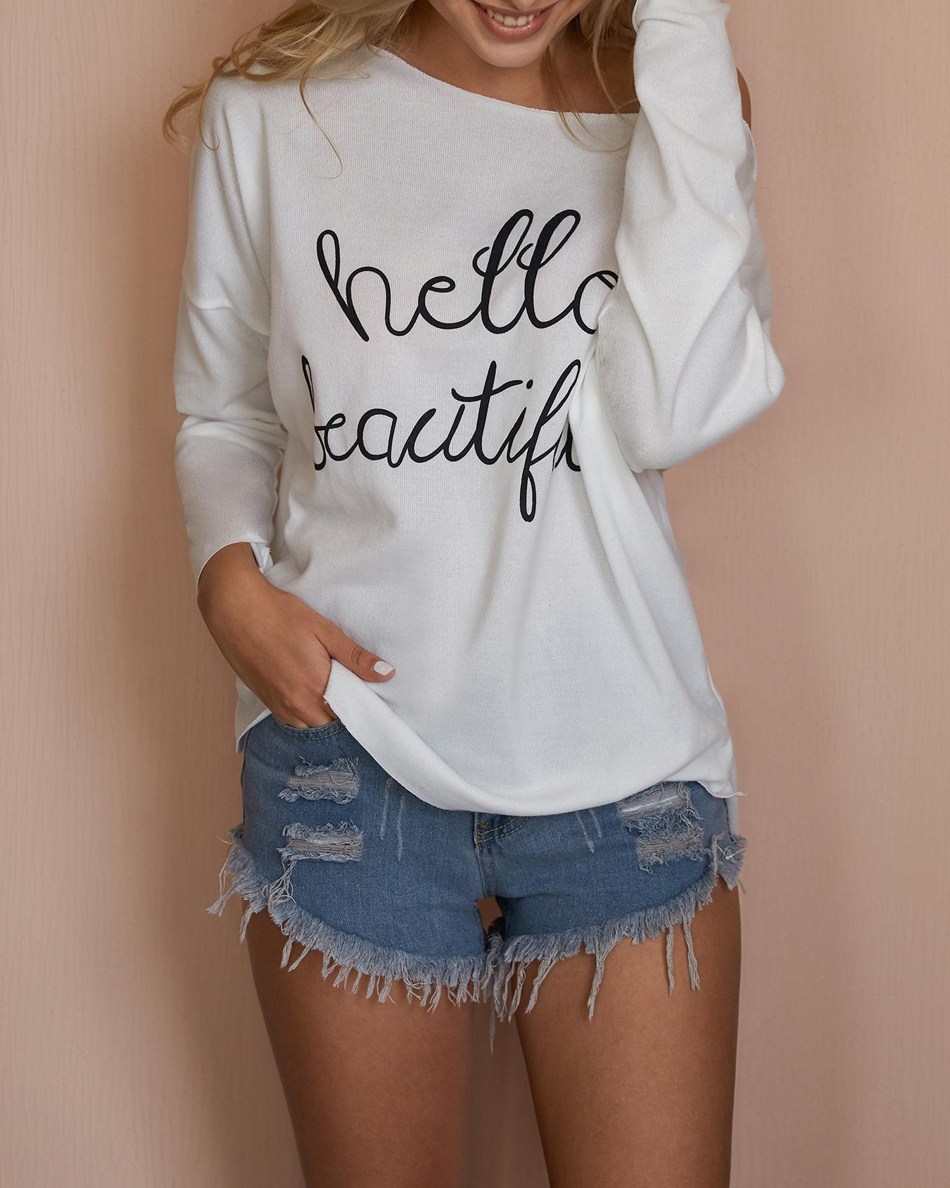 

Letter Print Skew Neck Loose Blouse, White