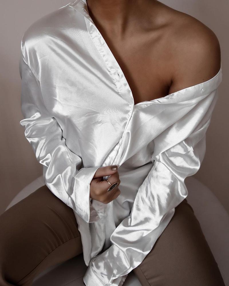 

Satin Plain Long Sleeve Shirt, White