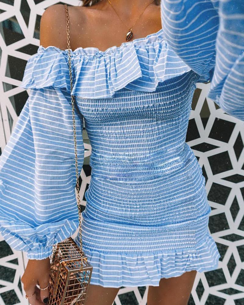 

Off Shoulder Shirring Ruffles Casual Dress, Light blue