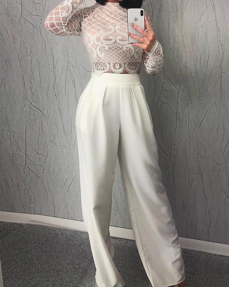 

Sheer Lace Top & Wide Leg Pant Sets, White