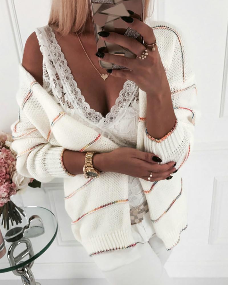 

Striped Long Sleeve Open Front Cardigan, White