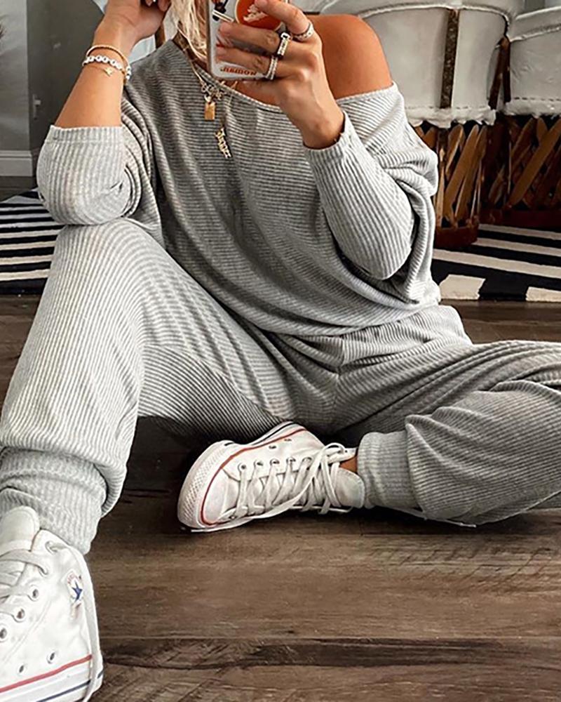 

Solid Knit Long Sleeve Top & Drawstring Pants Set, Gray