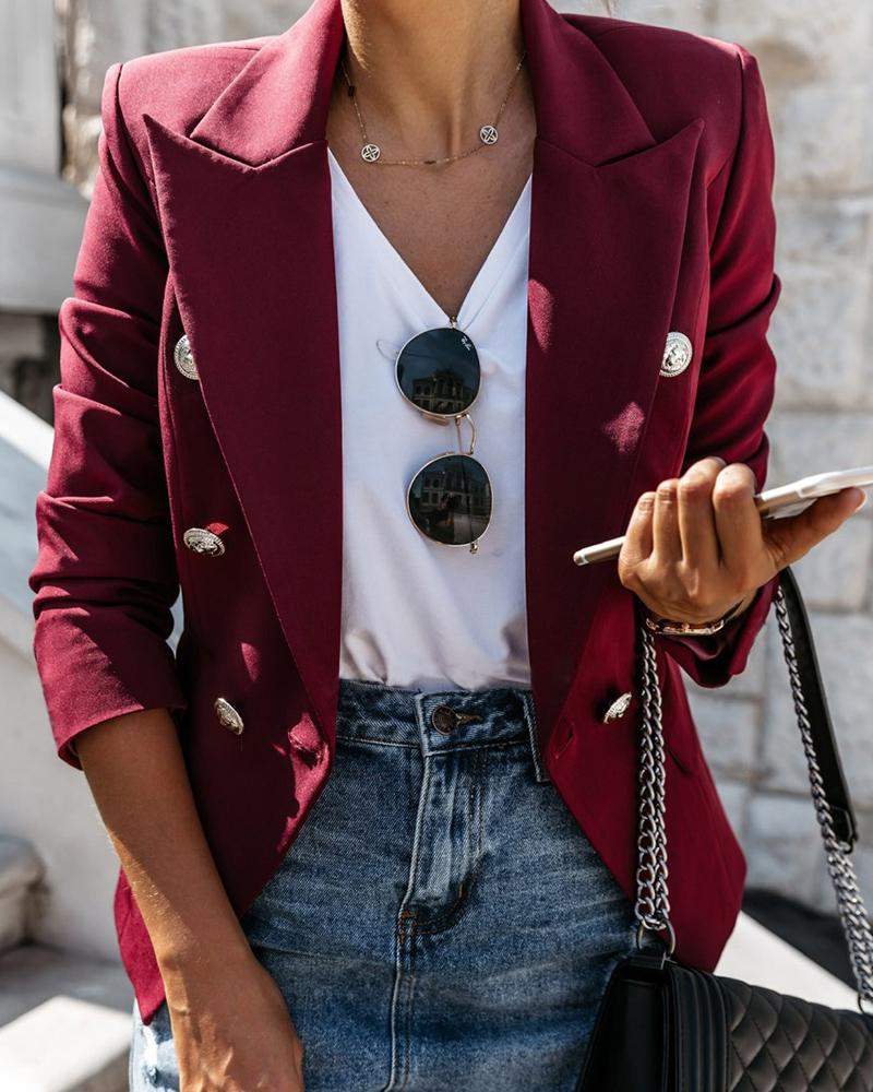 

Solid Notched Collar Double-breasted Blazer, Wine red