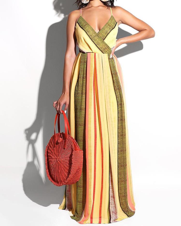 

Crisscross Open Back Multicolor Stripes Maxi Dress, Yellow