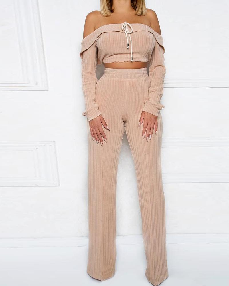 

Solid Off Shoulder Ribbed Crop Top & Drawstring Pants Sets, Apricot