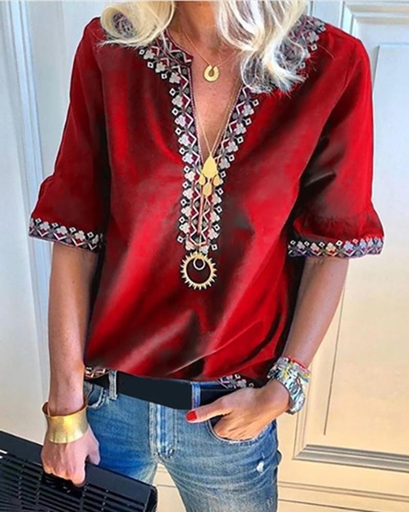

Bohemian Print V-neck Half Sleeve Blouse, Red