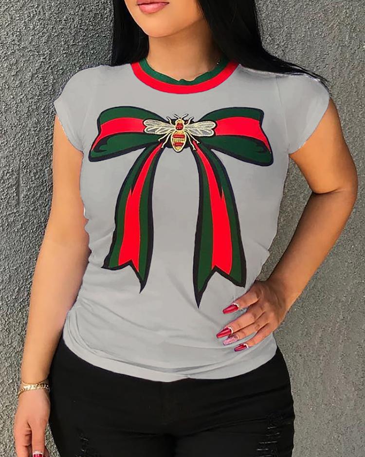 

Oversize Bowknot Striped Print Short Sleeve T-shirt