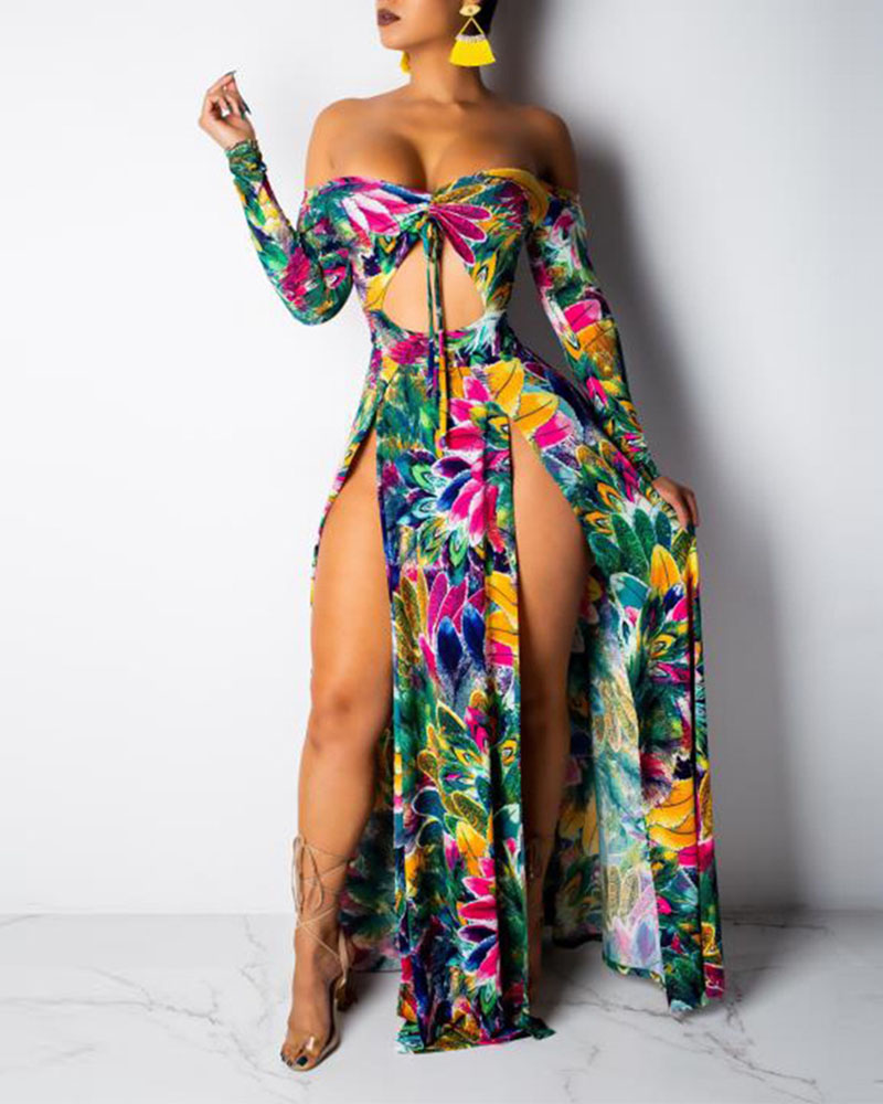 

Drawstring Design Floral High Slit Maxi Dress