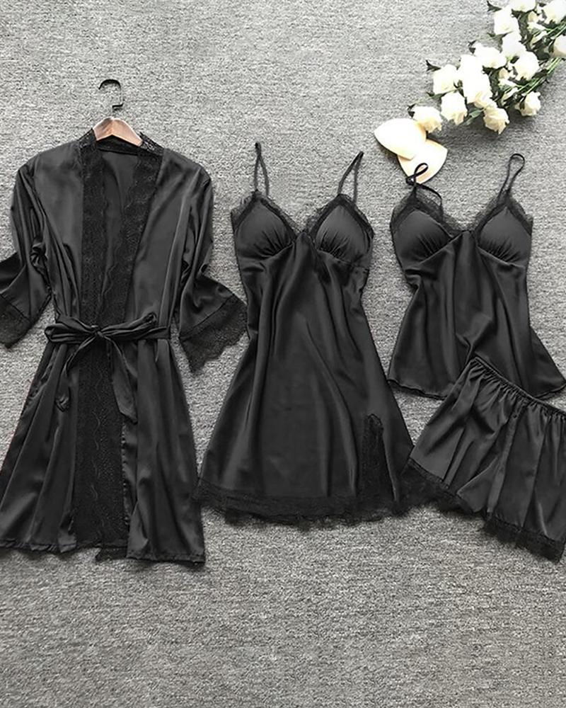 

4PCS Satin Plain Lace Trim Sleepwear Set, Black