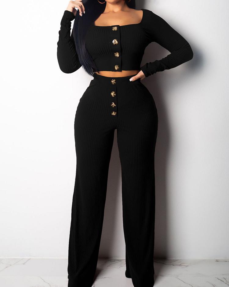 

Button Design Crop Top & Wide Leg Pant Sets, Black