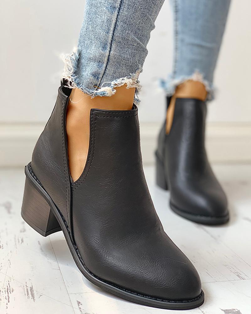 

Solid PU Cut Out Design Chunky Heeled Boots, Black