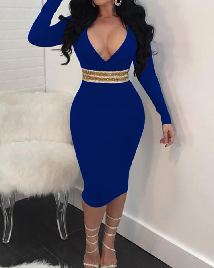 

Deep V Sequined Stripes Detail Bodycon Dress, Dark blue