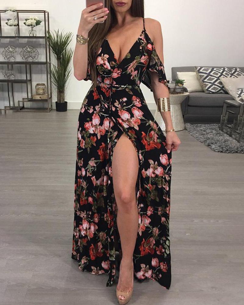 

Ruffled Floral Print High Slit Cold Shoulder Maxi Slip Dress, Black