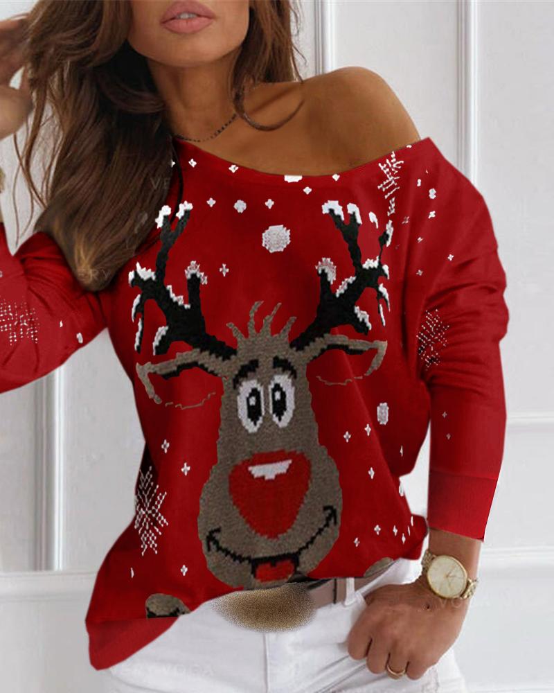 

Christmas Moose Print Long Sleeve T-shirt, Red