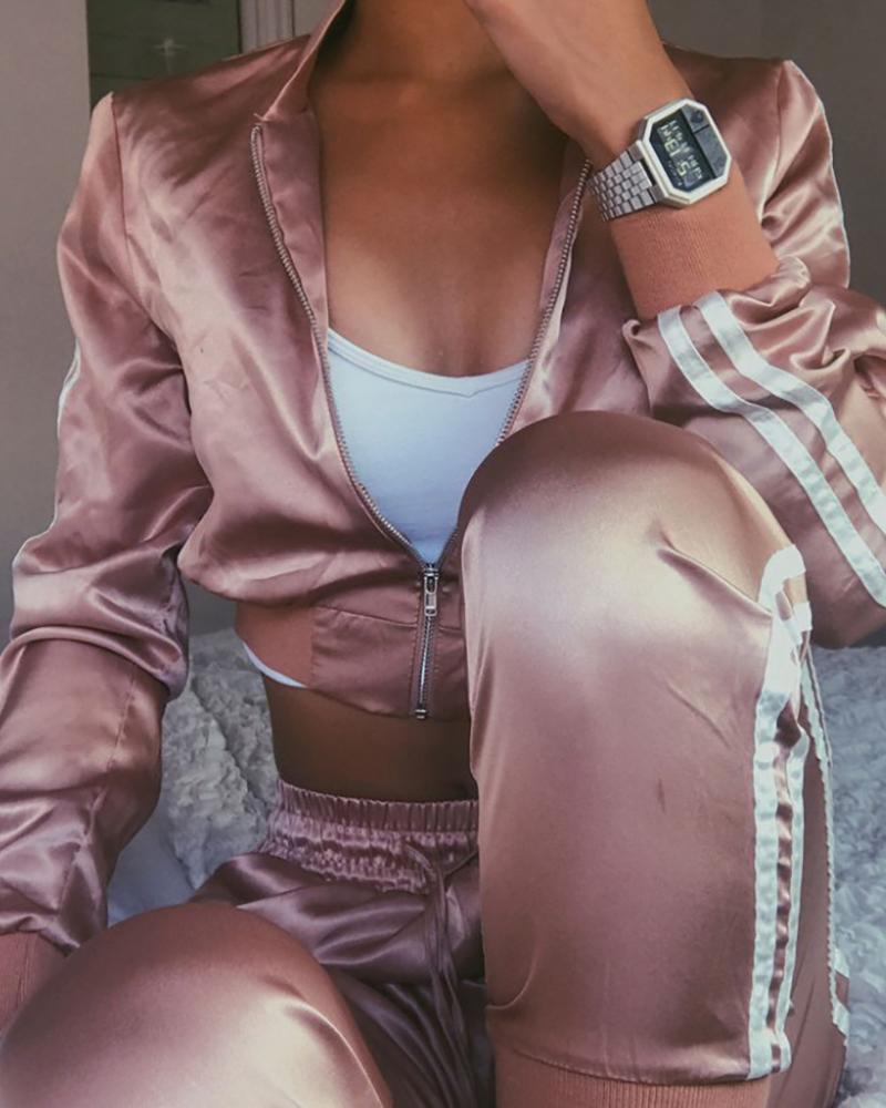 

Stand Collar Colorblock Striped Zipper Design Crop Jacket & Pants Sets, Pink