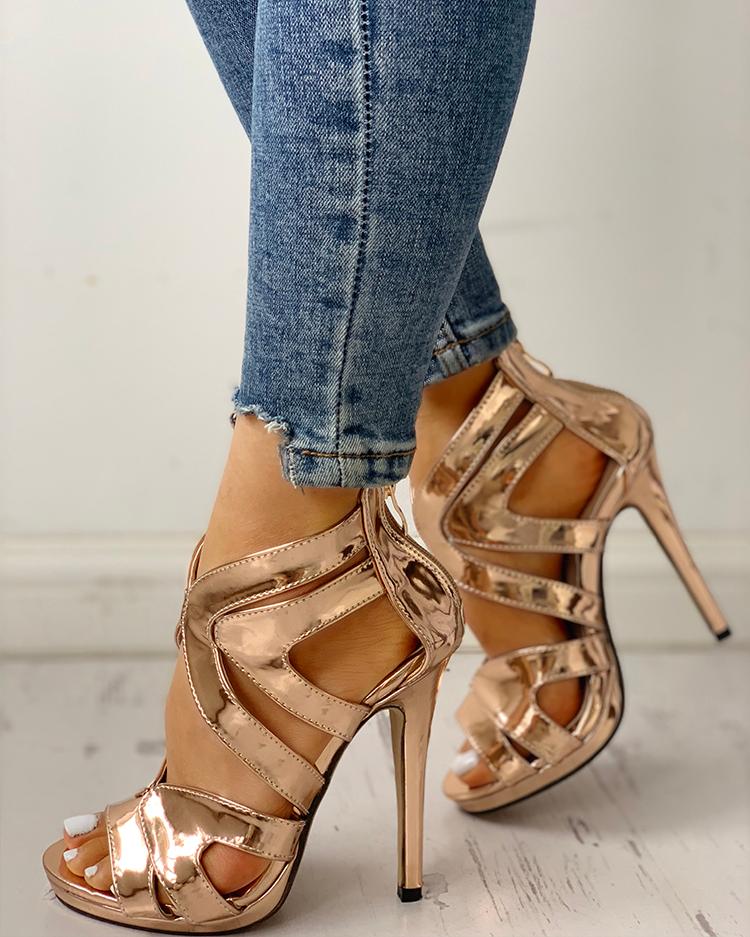 

Hollow Out Thin Heeled Sandals, Gold