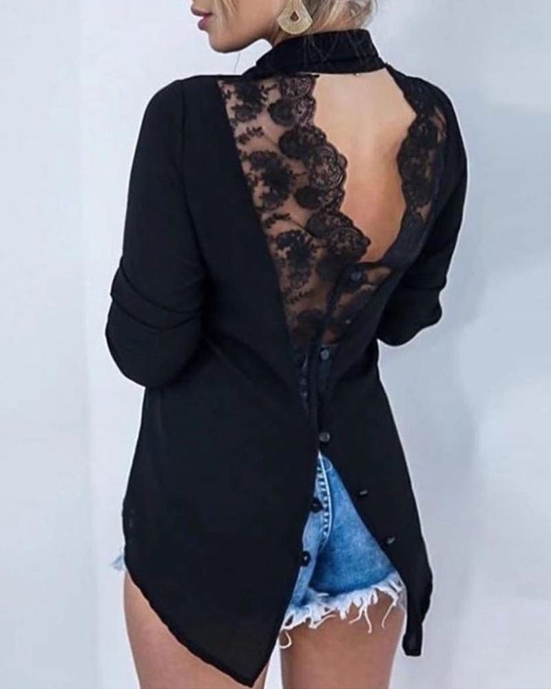 

Slid Backless Eyelash Lace Shirt, Black