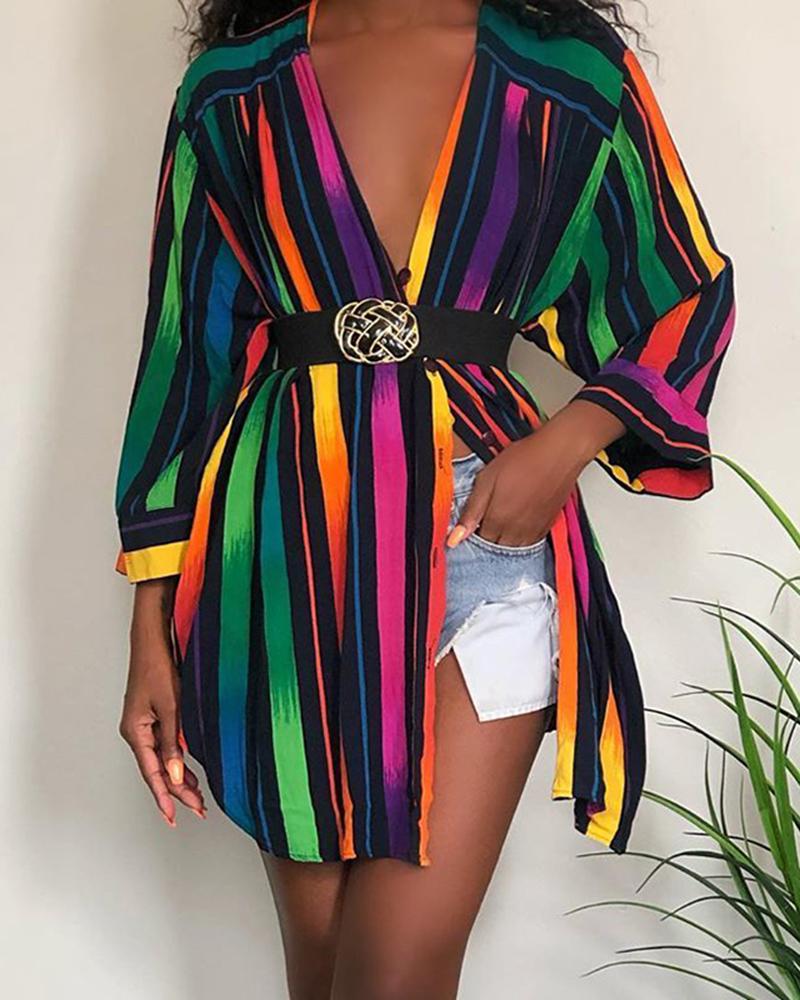 

Striped Long Sleeve Deep V Neck Tops, Green