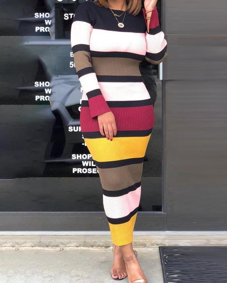 

Colorful Striped Long Sleeve Ribbed Dress, White